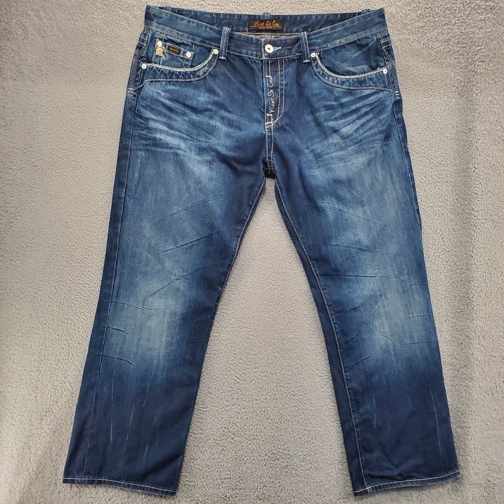 Rivet De Cru Jeans Mens 44x33.5 Straight Leg Embroidered Flap Pockets Blue